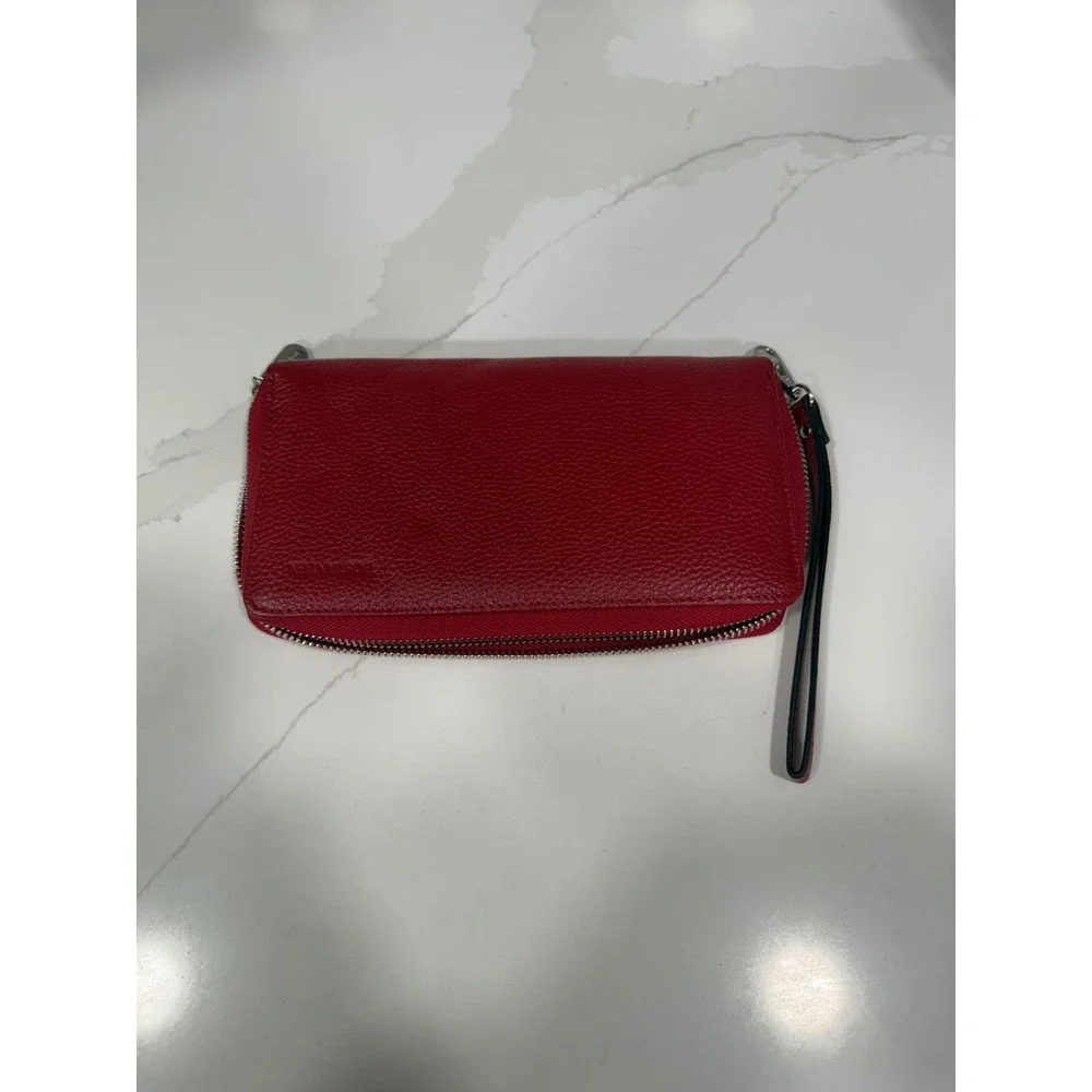 Bostanten Red Pebbled Leather Zip Around Wristlet Wallet Organizer Clutch